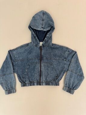 Harper Heritage Cropped Denim Hooded Bomber Jacket Acid Wash Blue L